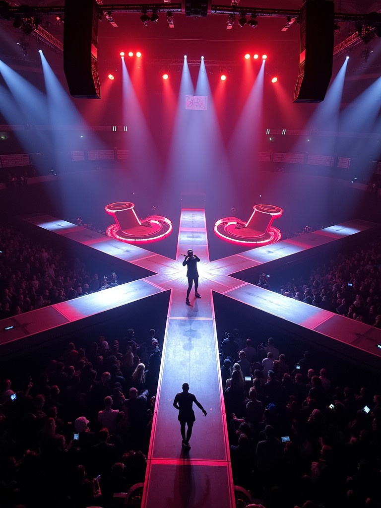 A 360 concert featuring Travis Scott at Madison Square Garden. The image shows a T-stage runway with a captivating lighting setup. A dramatic view from the drone perspective reveals the elaborate stage design and an engaged audience.