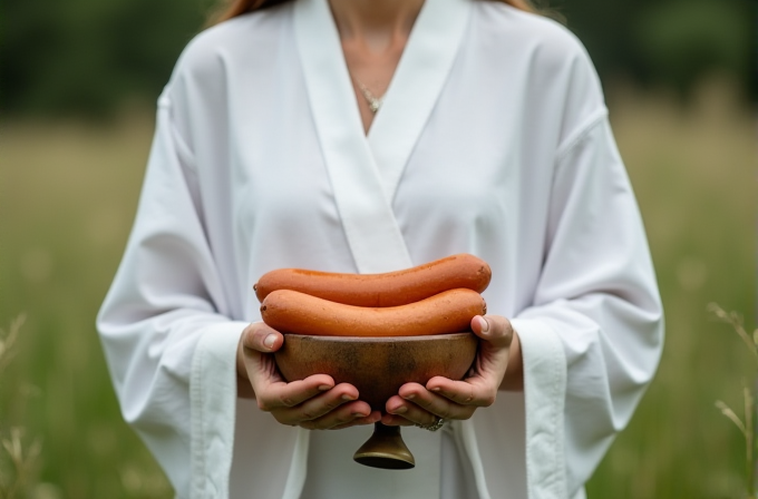 A person in a white robe holds a wooden bowl with large sausages against a blurred natural background.