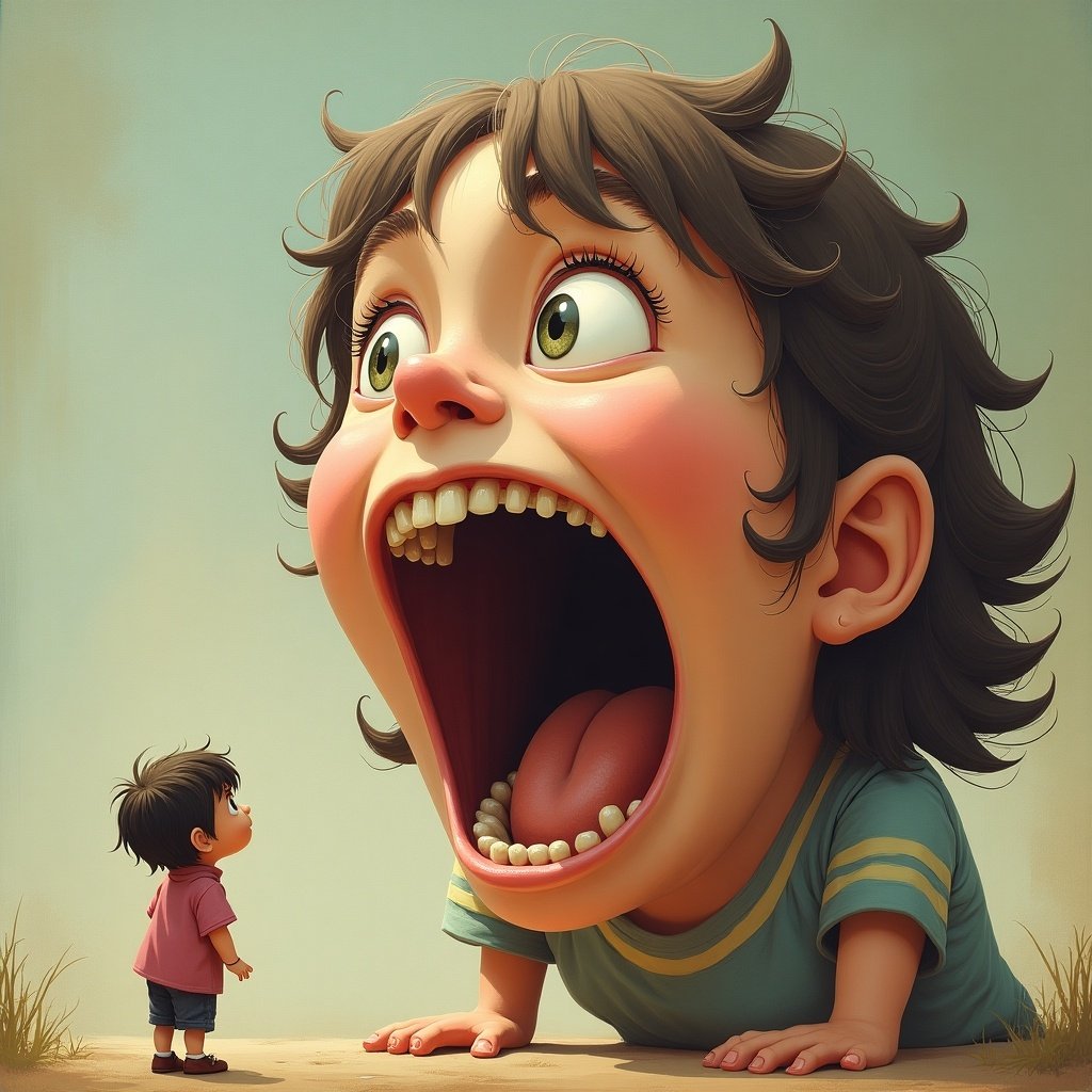 A tiny person stands in awe of a giant girl who is opening her mouth wide. The scene captures the playful imagination of a child. The giantess appears friendly and whimsical, evoking a sense of wonder in the viewer.