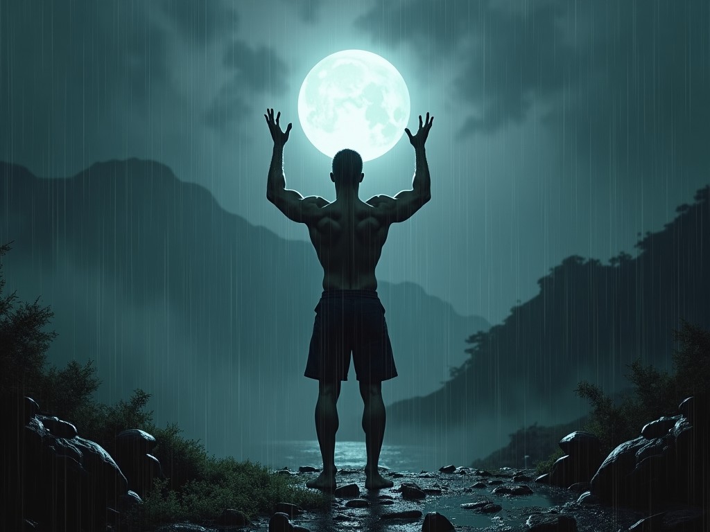 A silhouette of a man in shorts facing the moon and raising his hands, set in a rainy nighttime scene with mountains in the background