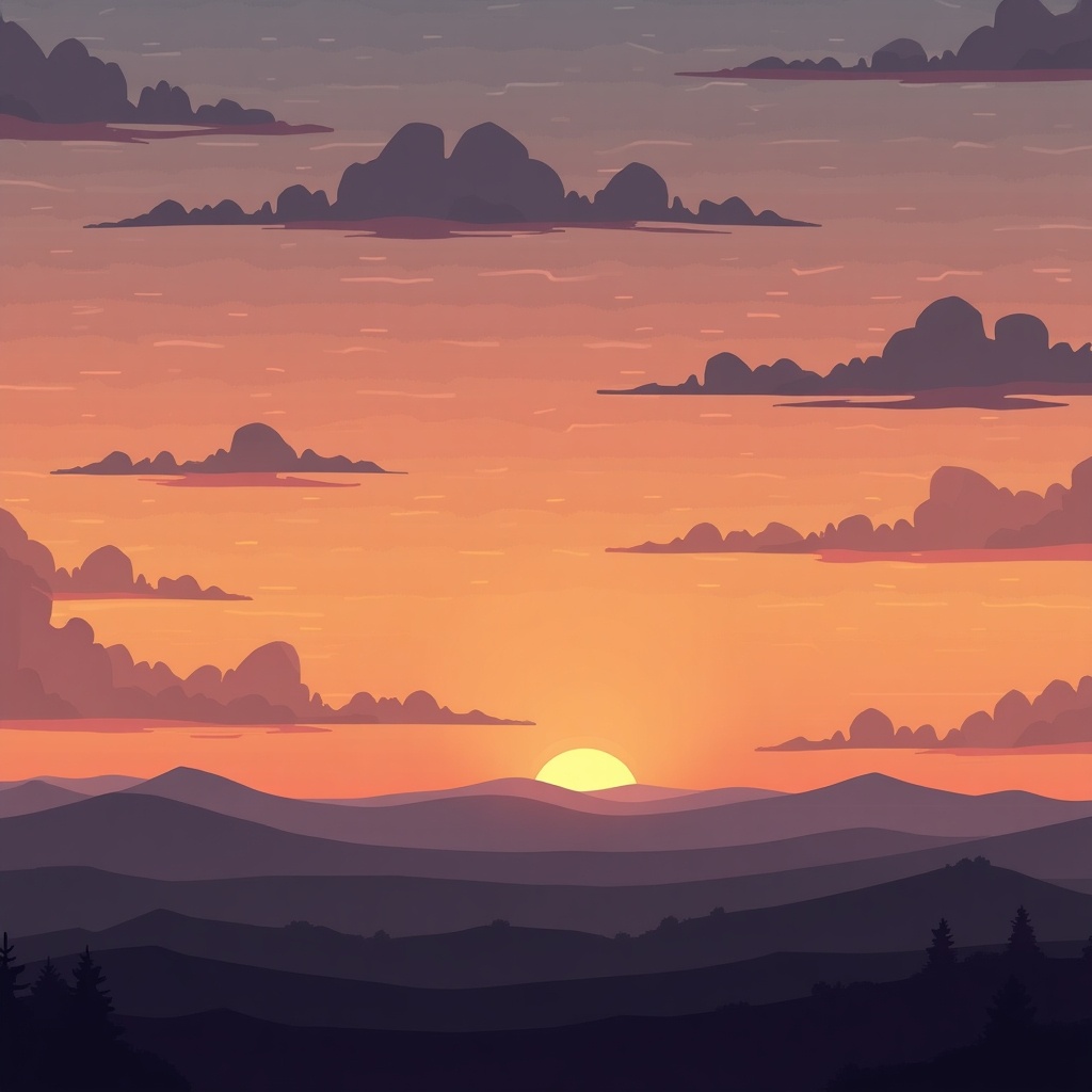 Stunning digital illustration of a sunset over mountains. Soft clouds with warm hues in the sky. A peaceful and serene landscape at dusk.