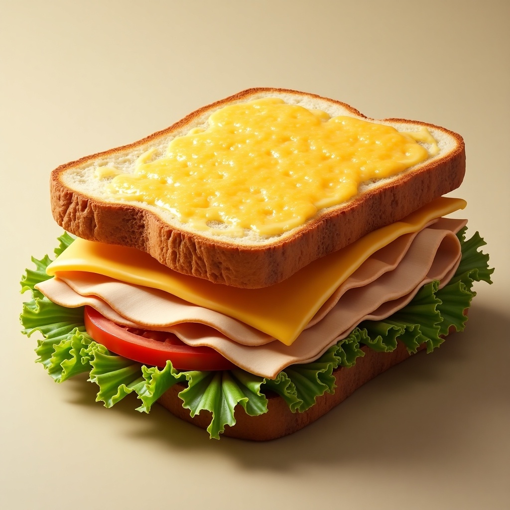 An ultra-realistic image of a sandwich featuring layers of turkey and cheese on golden brown toast. The sandwich is adorned with crisp iceberg lettuce and a slice of fresh tomato. The cheese is melted slightly, creating a tempting appearance. The colors are vibrant and appealing, making the sandwich look delicious. The top-down angle provides a clear view of the ingredients and their textures.