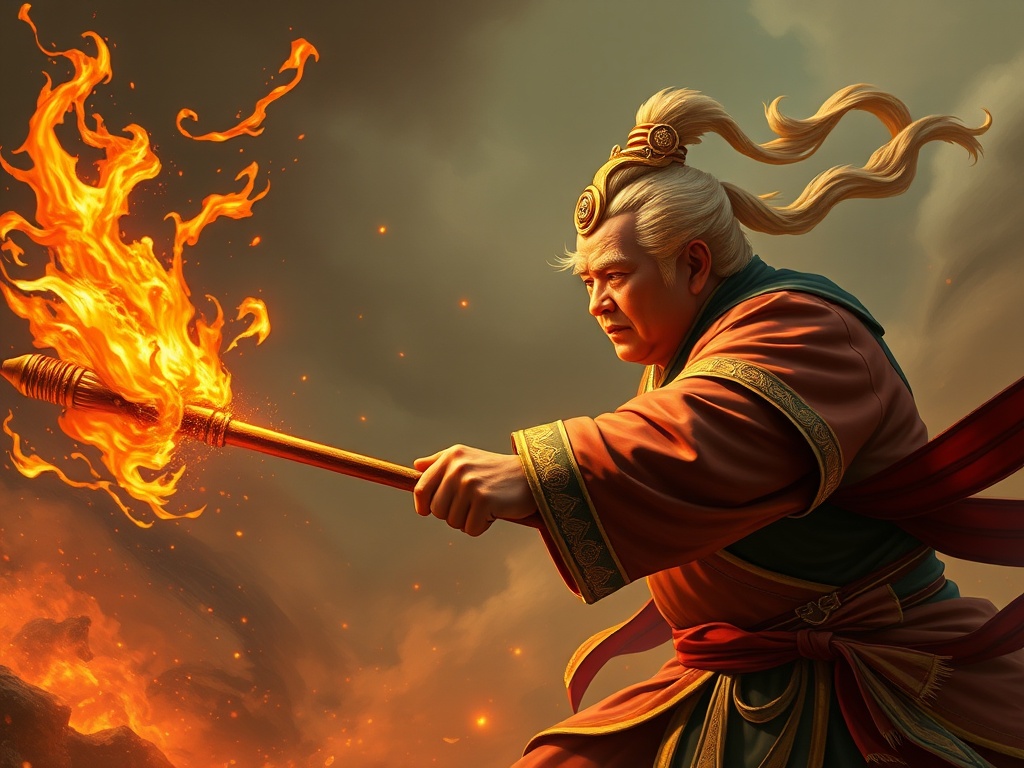 A warrior in traditional attire brandishes a fiery weapon with determination.