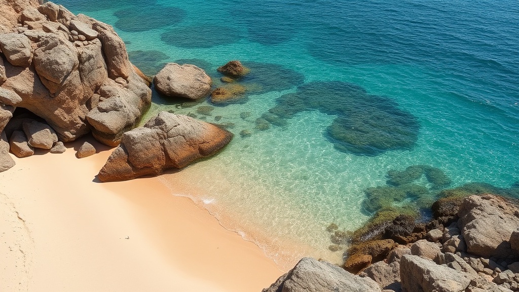 This image captures a pristine beach scene with large, weathered rocks framing a small, sandy alcove. The water exhibits a gradient of turquoise to deep blue as it stretches out into the serene sea. The rocks and sand display a warm, sunlit glow, highlighting the natural beauty of this secluded spot.