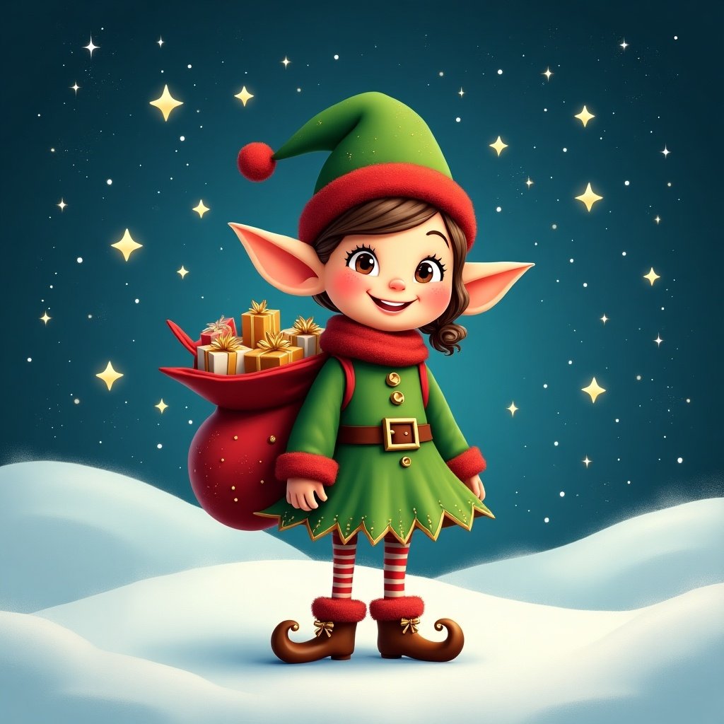 Cheerful elf character in the snow with stars and gifts