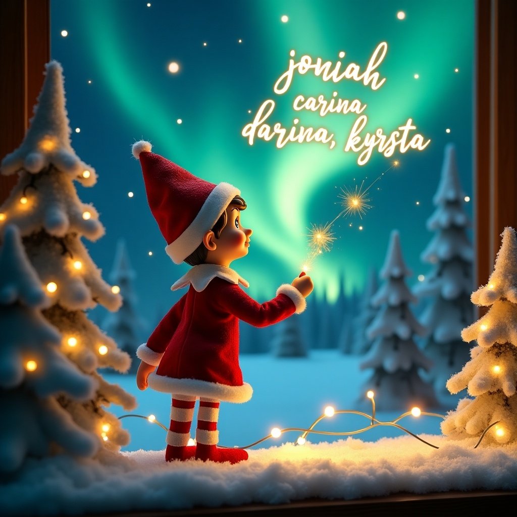 Enchanting Christmas scene features playful elf on shelf. Elf wears red and white attire. It stands with back to viewer, gazing at northern lights. One hand holds illuminated wand showing names. Surrounding snow-covered trees are twinkling. Magical moment captures essence of holidays.