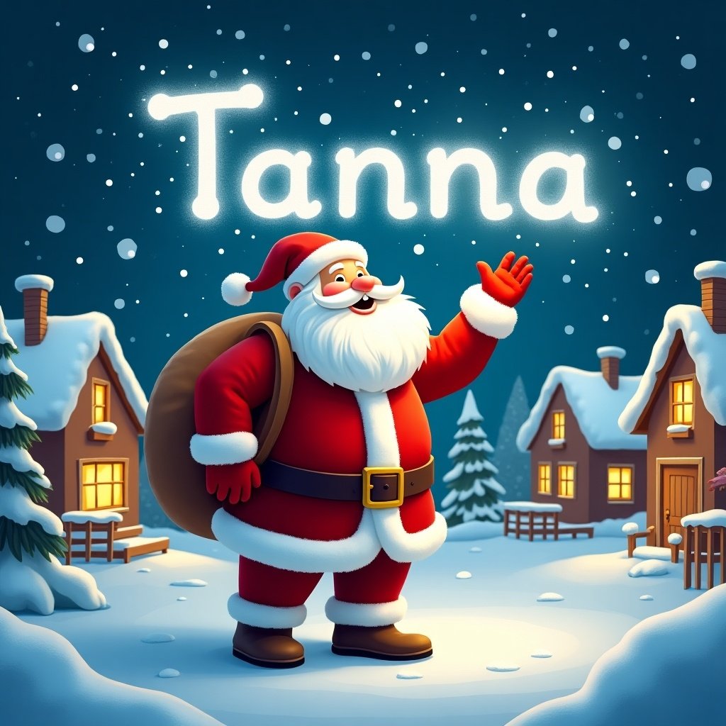 Santa Claus stands cheerfully in a snowy village. He wears a traditional red suit and hat, holding a sack. He writes 'Tanna' in the night sky. Cozy houses emit warm light. Snowflakes fall around. The scene captures holiday spirit and joy.