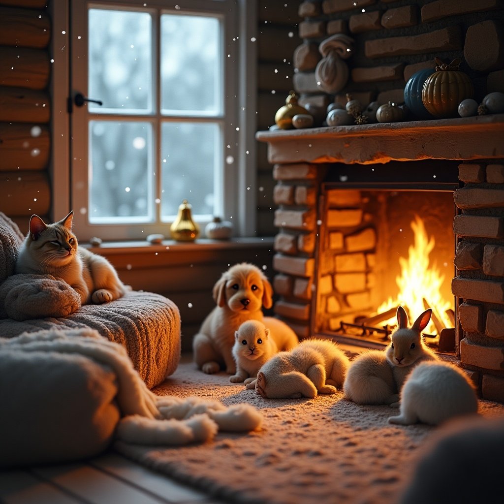 Cozy winter scene featuring a warm fireplace. Cute animals are gathered nearby. Soft furnishings create a welcoming atmosphere. Snow is visible outside.