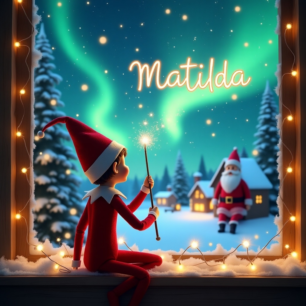 An enchanted Christmas scene showcases an elf sitting on a wooden window ledge. Dressed in a vibrant red outfit and a pointed hat, the elf faces a captivating starry sky. Holding a sparkling wand, the elf writes the name 'Matilda' in the air. The background is filled with snowy landscapes, charming houses, and evergreen trees under glowing Northern Lights. The scene radiates childhood wonder and festive spirit. The elf continues to add names like 'Natasha' and 'Ada', further enhancing the magical feel. Santa Claus can be seen in the distance, completing this whimsical holiday depiction.