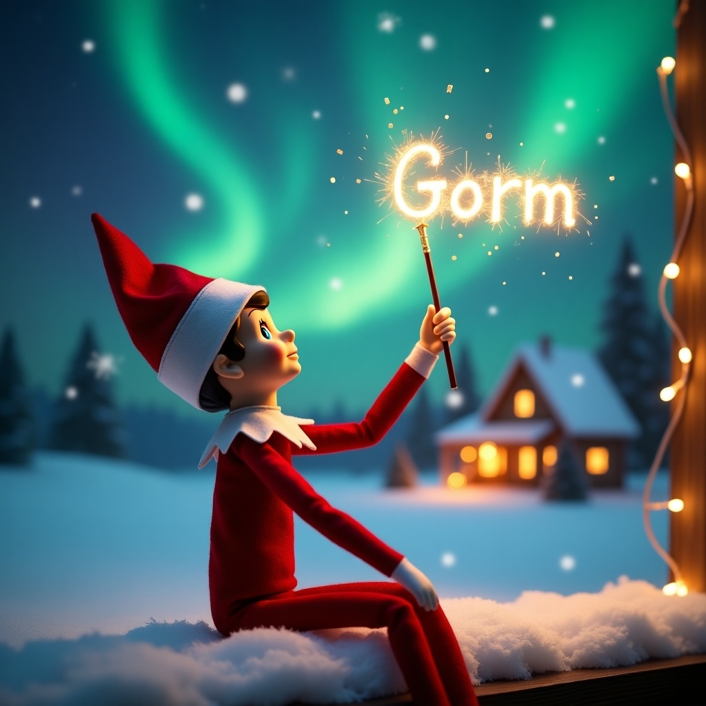 The scene shows an elf on the shelf sitting with its back to the viewer, gazing upwards into a magical night sky. The elf, dressed in a classic red outfit, holds a glowing wand that sparkles brightly. Above, the name 'Gorm' is written in sparkling letters, lighting up the serene landscape. The background is a picturesque Christmas scene, featuring dazzling northern lights dancing above a cozy house decorated for the holidays. Snow blankets the ground, enhancing the festive atmosphere and adding to the charm of this enchanting holiday moment.