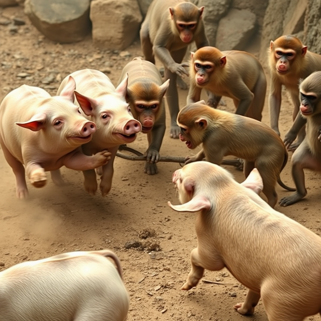 Monkeys and piglets interact energetically in a lively, dusty setting.