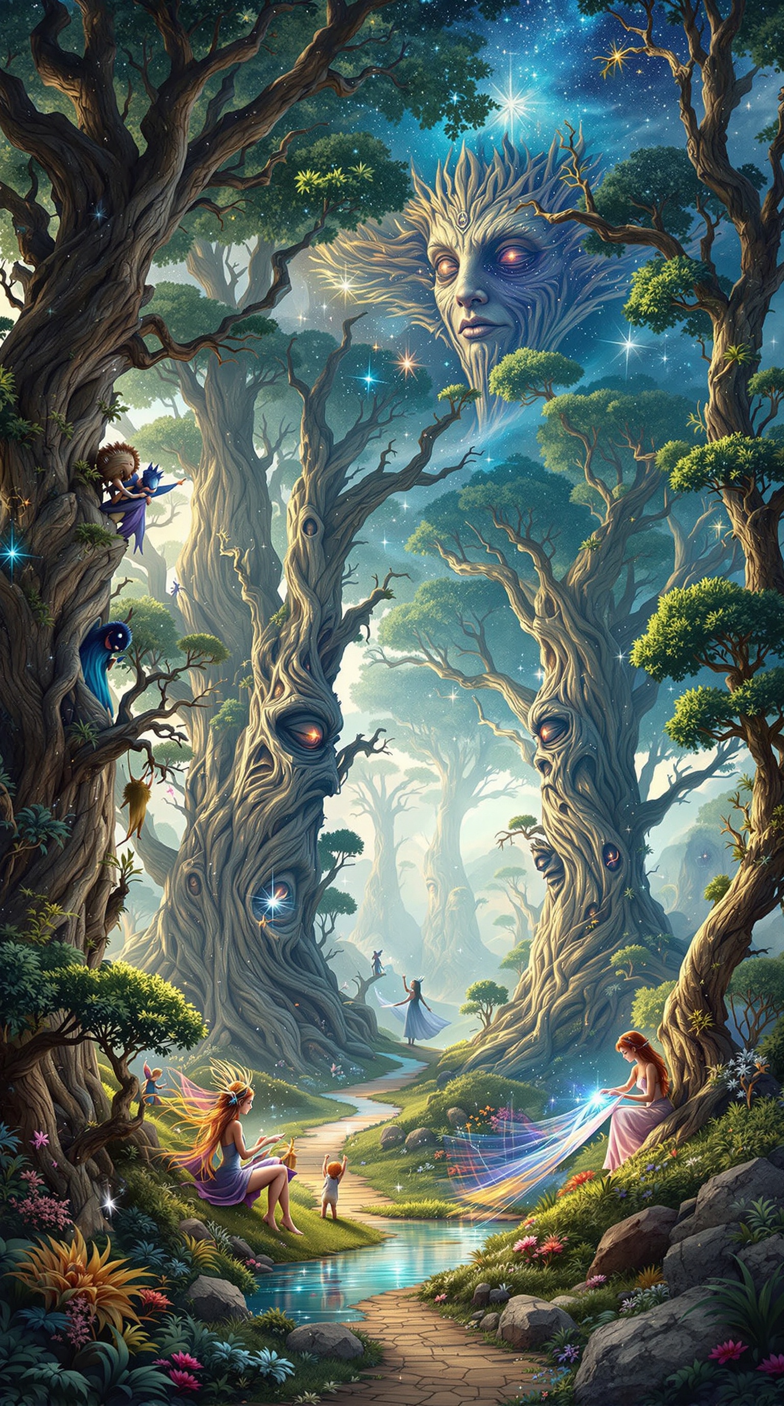 High-detailed hyperrealistic scene inspired by Tolkien books. Enchanted forest scene featuring magical beings. Vivid colors and ethereal lighting. Unique blend of hyperrealism and surrealism in visual style.