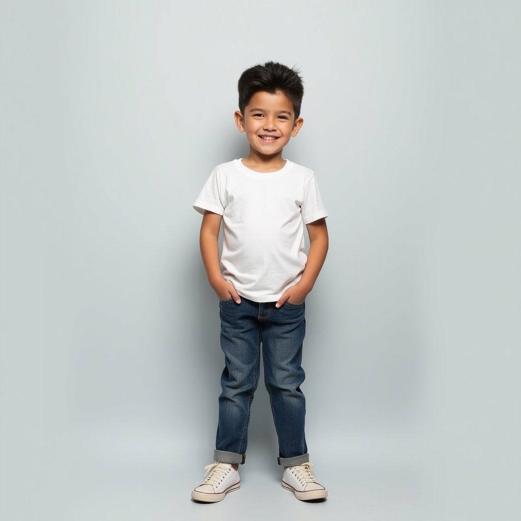 Image of a young boy standing upright against a light gray background. He is wearing a simple outfit and has a natural smile. The lighting is soft and even, creating a calm atmosphere. The boy poses confidently, showcasing a minimalist style that emphasizes his presence without distractions.