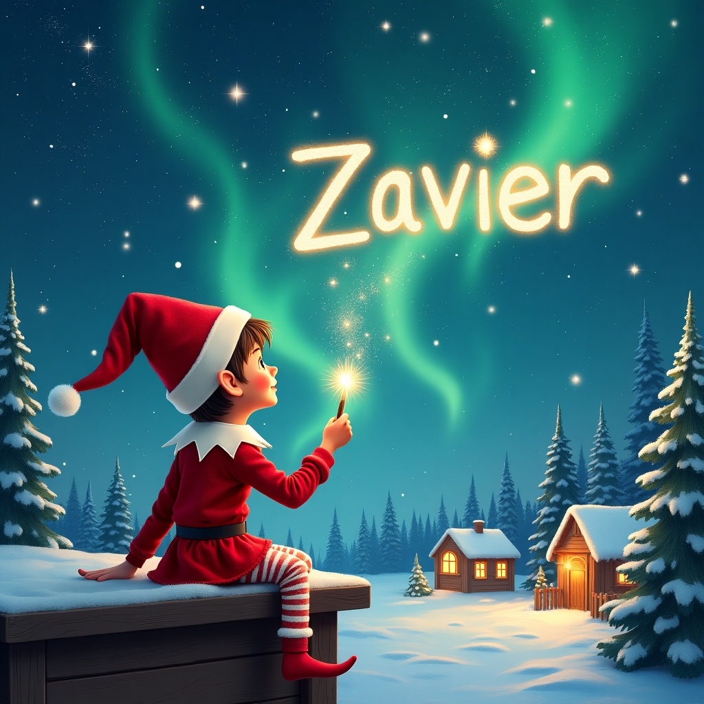 An elf sits on a wooden ledge, with its back to the camera, gazing at a magical sky. Clad in a vibrant red outfit and a pointed hat, the elf holds a sparkling wand. With this wand, the elf writes 'Zavier' in the starry sky. The surroundings feature a snowy landscape with charming cottages and towering evergreen trees, all aglow under the shimmering Northern Lights. This whimsical scene perfectly captures the essence of childhood magic and Christmas cheer. The elf adds the name 'Maddox' in the same lovely sky, further enhancing the enchanting atmosphere.