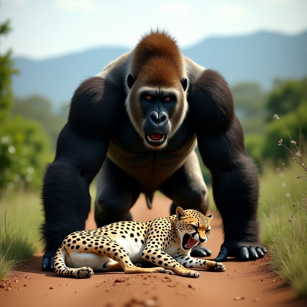 Massive gorilla stands over defeated cheetah on dirt path. Intense expression, powerful musculature. Cheetah has spotted coat, mouth open in pain. Gorilla's eyes show aggression, cheetah is submissive. Lush green vegetation, distant mountains in background. High-contrast lighting enhances scene. Detailed textures of fur, skin, ground with vivid colors. Photographic realism.