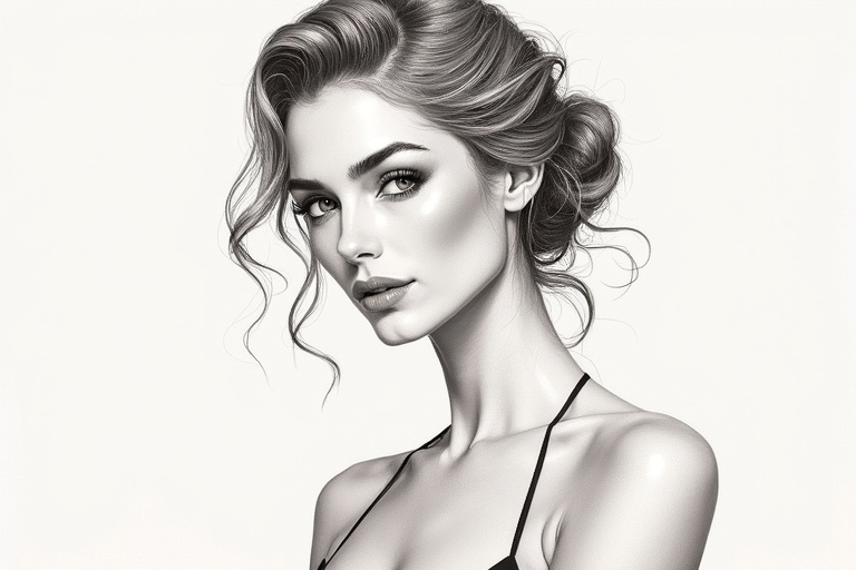 Illustrate an Italian female figure characterized by elegance and grace. Showcase stylish hair and a fashionable attire without focusing on facial details.