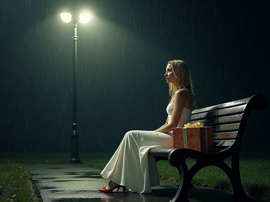 A woman sits alone on a park bench under a streetlight during a rainy night. She wears a beautiful white wedding dress, her blonde hair is damp from the rain. Beside her, there's a slightly water-damaged present adorned with a bow. The atmosphere is somber and contemplative, evoking feelings of longing. The streetlamp casts a warm glow, highlighting her solemn expression. This scene encapsulates a mix of emotions, portraying love, loss, and anticipation.