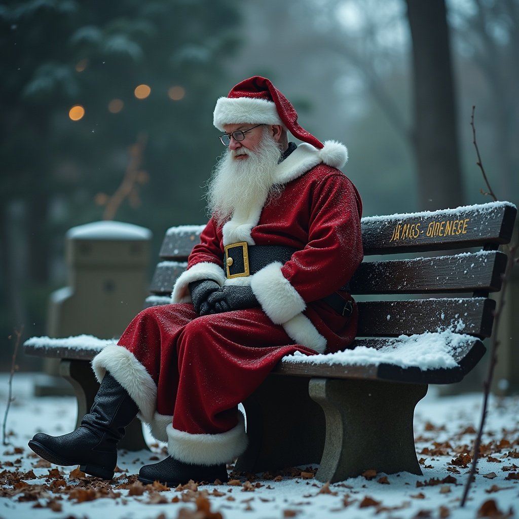 Father Christmas dressed in a red suit with white trim sitting on a bench in a snowy cemetery. Boy spirit is implied. Name 'James' is engraved on the bench.