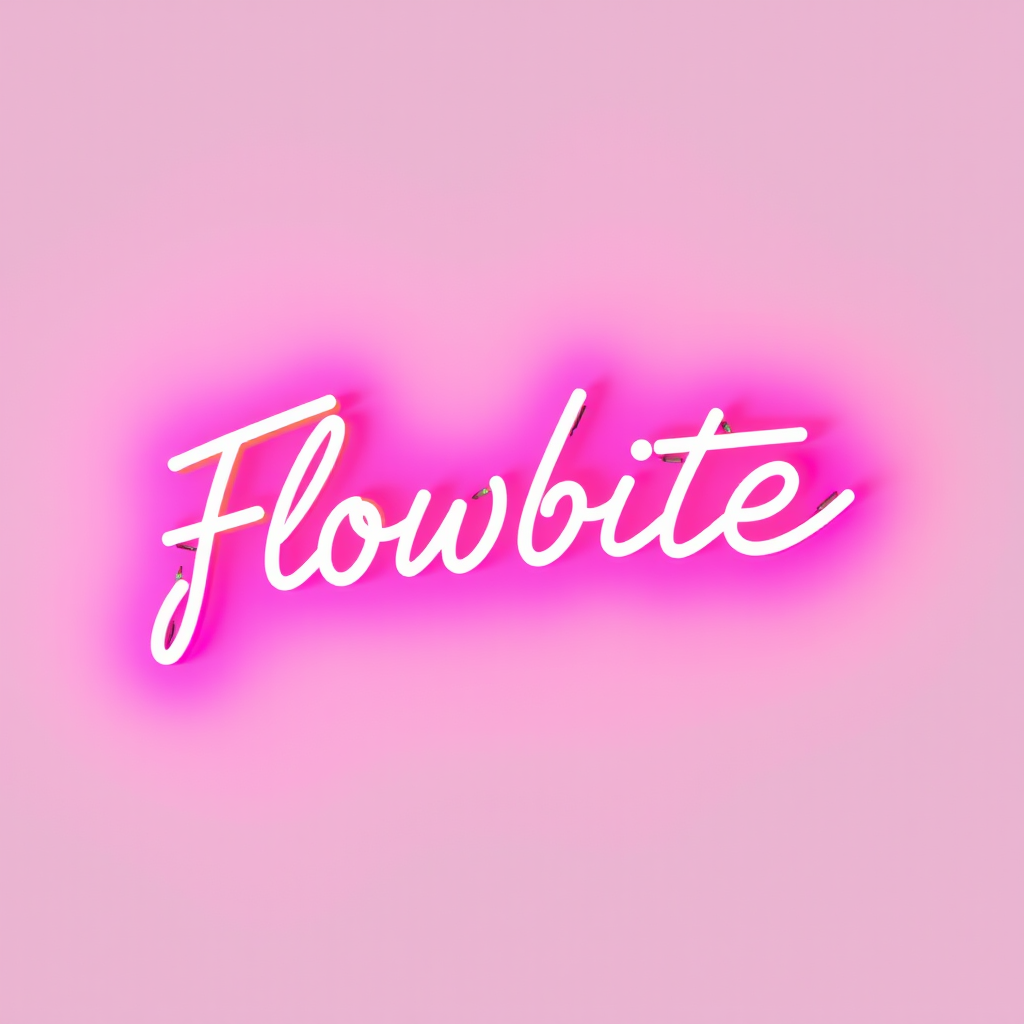 The word 'Flowbite' is written in bright neon pink against a pink background.