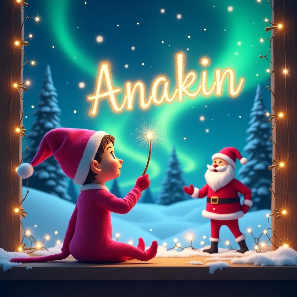 The image depicts a whimsical holiday scene featuring a pink elf sitting with their back to the viewer. The elf is using a wand to magically write the name 'Anakin' in sparkling letters against a beautifully lit night sky. Behind them, the enchanting northern lights illuminate a picturesque snowy landscape. Nearby stands Santa Claus, adding to the festive ambiance. Twinkling lights and gently falling snowflakes enhance the magical holiday atmosphere.