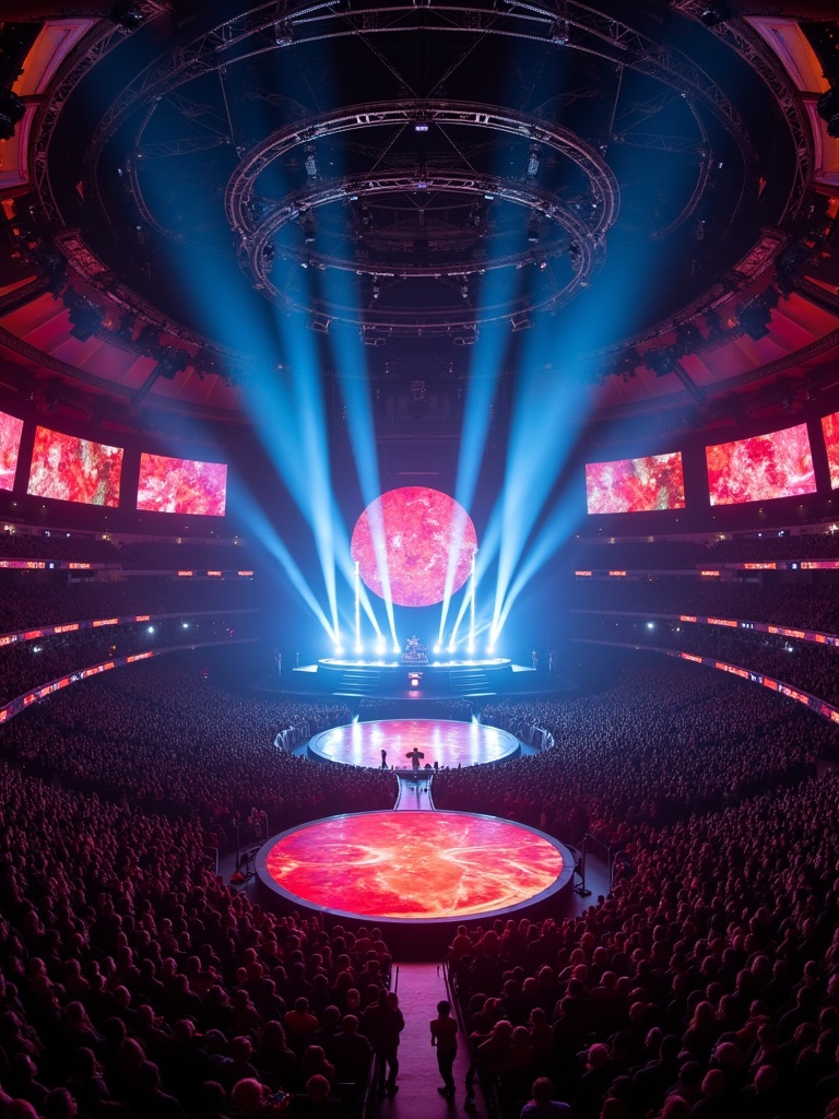 Travis Scott performing at Madison Square Garden on a 360 stage. View taken from a drone perspective showcasing the large circular stage. Bright lights and vibrant colors create a dynamic atmosphere. Packed audience captivated by the performance.