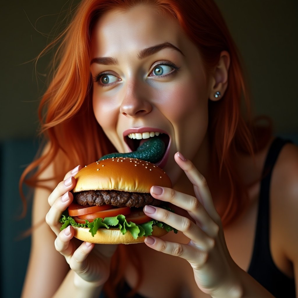 A woman with red hair holds a burger. The burger has a strange alien-like worm. The image is realistic and in 4k quality.