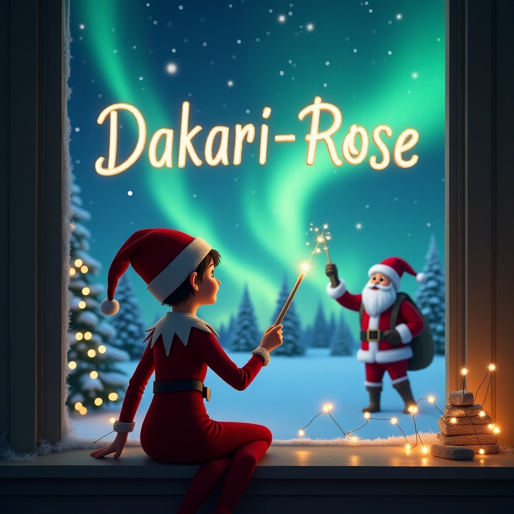 Elf on the Shelf sits with back turned to viewers. Facing sky, using a wand. Magical Christmas scene includes northern lights and Santa. Name Dakari-Rose written in the sky.