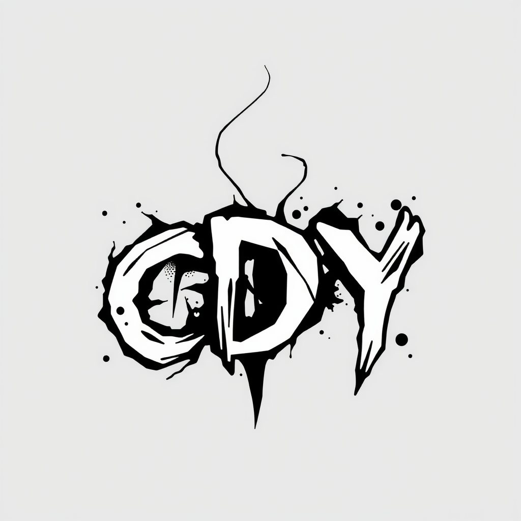 This image features an abstract piece of typography art with the letters 'O', 'D', and 'Y' depicted in a grunge style. The letters are bold and artistically splattered with black ink blotches, creating a dynamic and edgy look. The background is a solid light gray, which contrasts well with the black and white design of the letters. The overall aesthetic is reminiscent of graffiti art, with sharp edges and expressive lines.