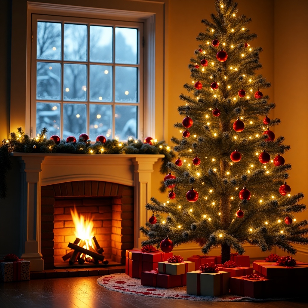 Christmas tree with red ornaments and lights inside a cozy room. Presents are placed under the tree. A fireplace is lit with flames. Window shows snowy outdoors. Decorative garland above the window. Cozy holiday ambiance.