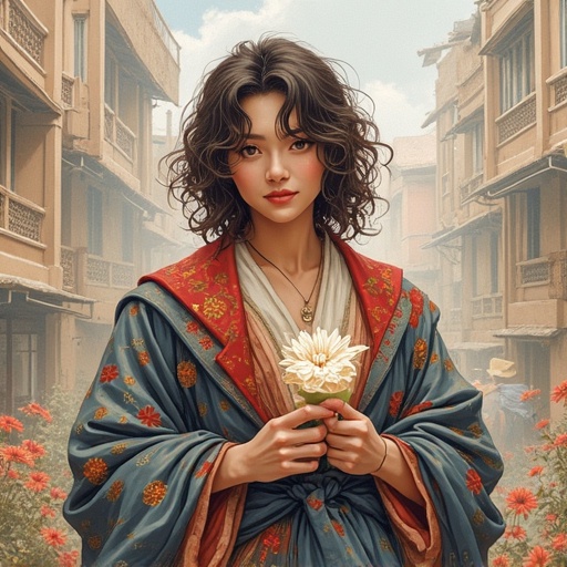 Image displays an artistic representation of different life stages. The illustration is in comic style showing a young adult holding a white flower against a background of an urban street scene. The subject reflects themes of growth and beauty.