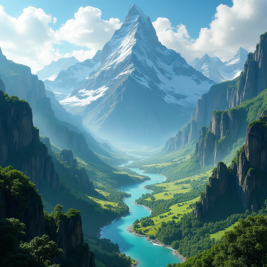 Breathtaking heightmap of majestic mountain range. Towering peaks above green valleys. Pristine winding river through landscape. Soft natural light enhances vibrant colors. Serene setting inspiring fantasy art.