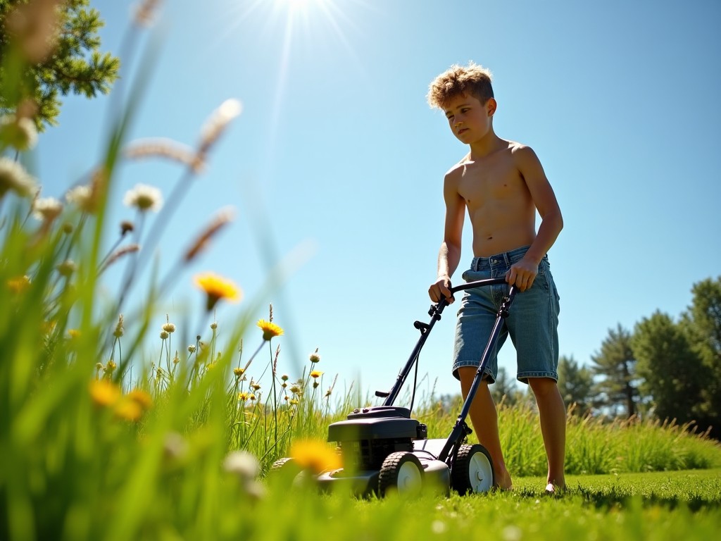 A young boy is mowing the lawn on a sunny day, surrounded by tall grass and wildflowers.