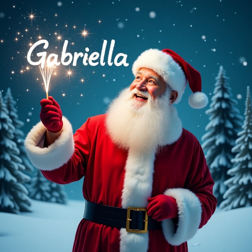 Jolly Santa Claus in snowy landscape. He holds a magical wand with sparkles. Wears classic red suit with white trim. Happy expression as he writes names in the sky. Background features snowy scenery with evergreen trees and starry night.