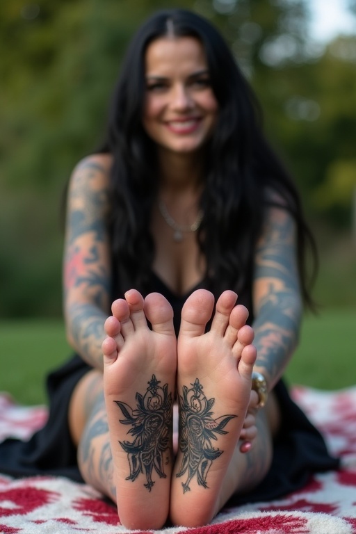 A mature goth woman with long black hair shows her tattooed soles of bare feet. She sits outdoors on a blanket. The main focus is on her feet with prominent tattoos. She smiles.