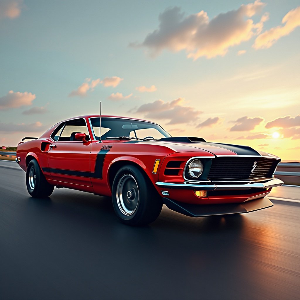 Close-up of a modern muscle car. The car has a striking red color with black stripes. The vehicle is parked on an open road at sunset. The surroundings have a blurred motion effect indicating speed. The car's design includes retro elements with a contemporary twist.