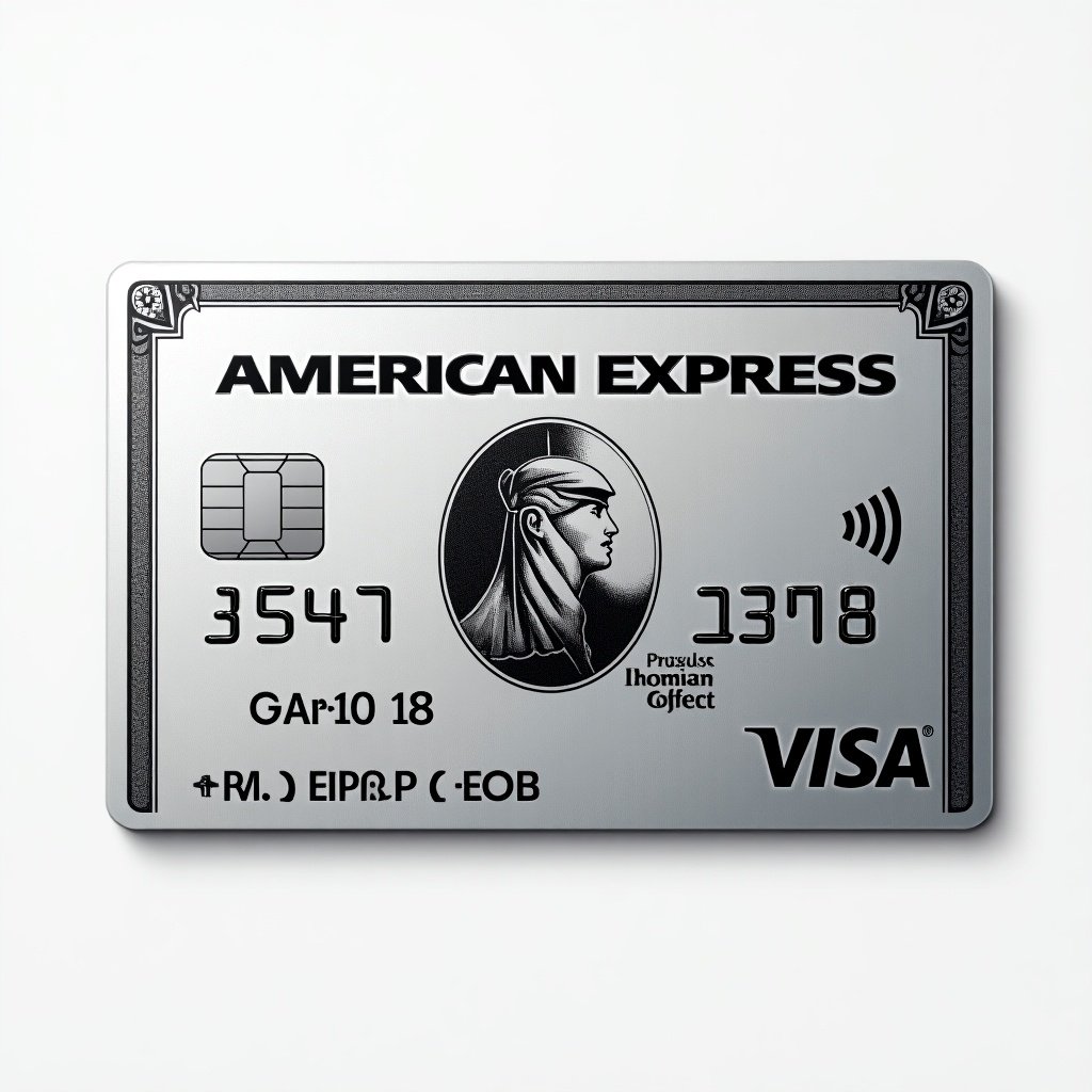 Realistic image of a platinum American Express credit card with a prominent Visa logo. Cardholder name and expiry date are partially visible. Silver background and bold black font convey modern elegance.