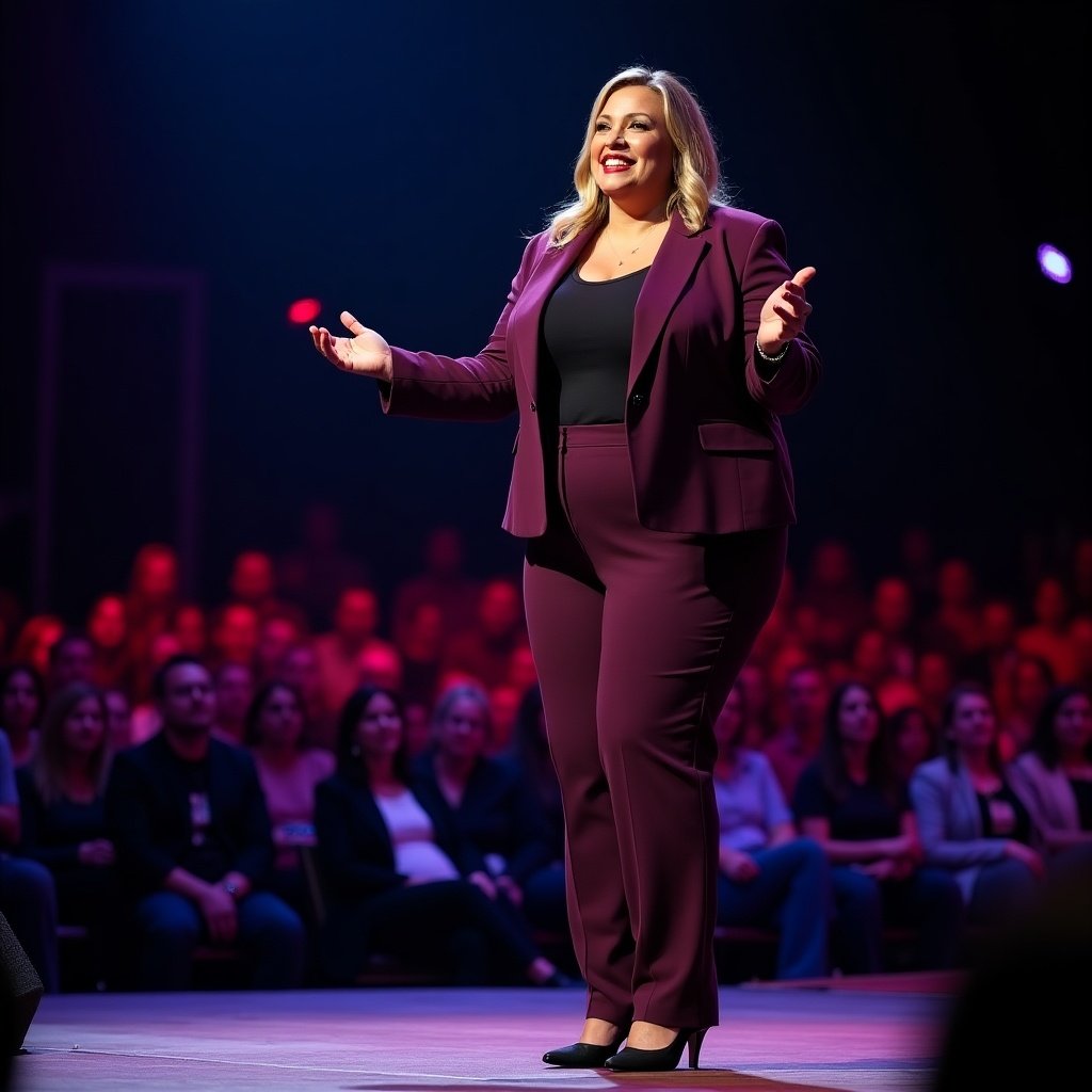 A woman on stage, speaking at a live event. She has a large hourglass body shape. Wearing a deep purple suit with low black heels and a black t-shirt. Engaging passionately with the audience. Foreground filled with stage lights and a large crowd, capturing a lively atmosphere.