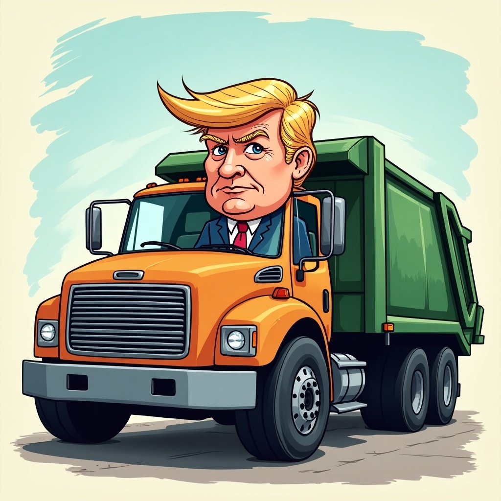 Caricature illustration of a character driving a garbage truck. The character has a handsome appearance. The truck is bright orange and green with a whimsical style.