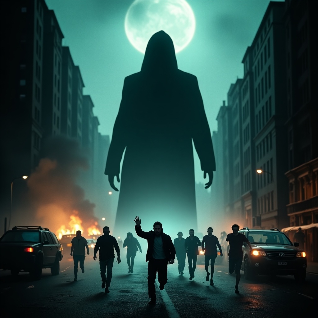 Chilling movie poster featuring a silhouette of a large man in a night sky. A group of people rioting, fighting, and running amid a misty city street. Background includes burning buildings and cars. Soft teal glow enhances the eerie atmosphere. Evokes fear and anticipation, ideal for horror film.