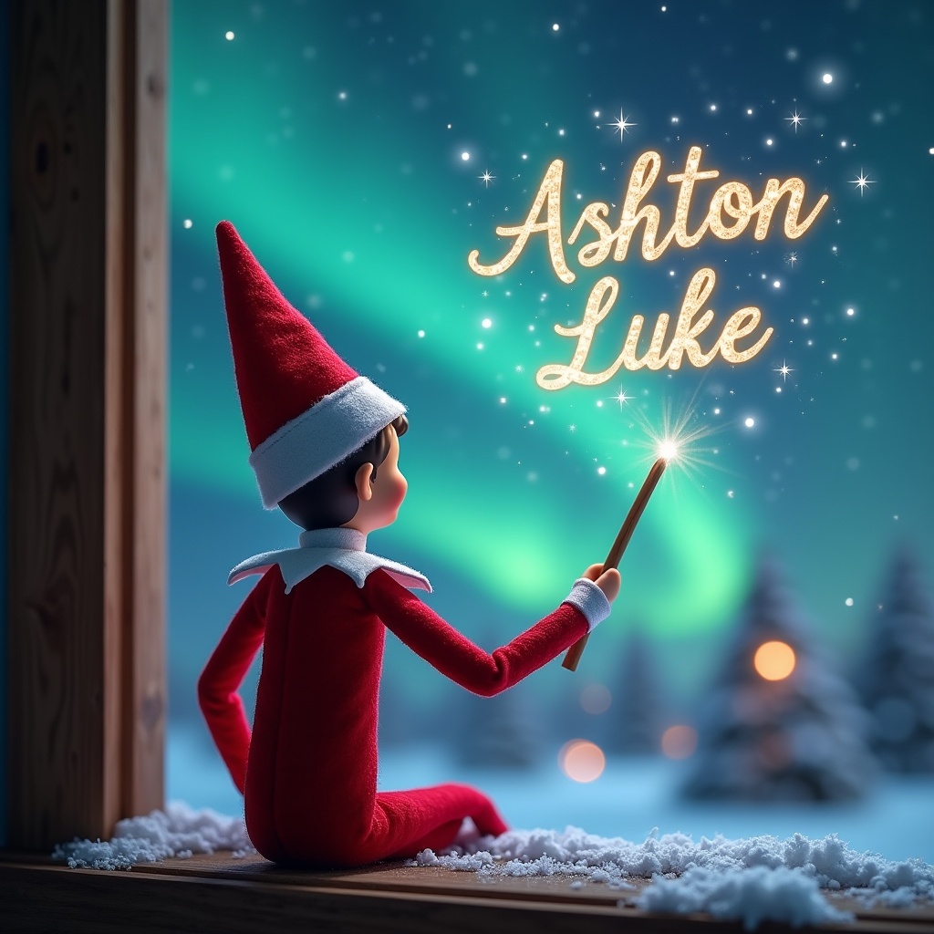 Elf on the shelf facing the sky using a wand to write Ashton Luke in the air. Magical Christmas background features northern lights and snowy landscape.