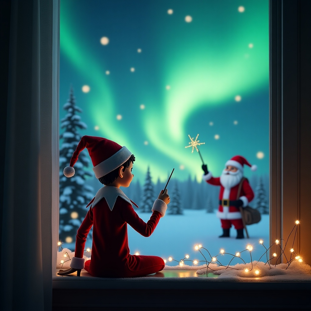 A cozy Christmas scene depicts an elf on the shelf, sitting with his back facing the viewer. He holds a wand and is writing 'Alexis' in the sky. Outside the window, a magical winter landscape unfolds, featuring sparkling northern lights and Santa Claus in the background. Warm lighting from string lights enhances the festive atmosphere. The elf wears a traditional red suit with a hat, embodying the spirit of Christmas. This enchanting scene captures the wonder and magic of the holiday season.