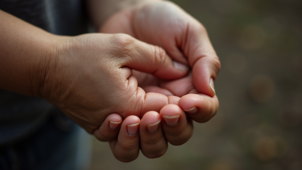 Two hands are gently holding each other, showing a close-up of the fingers.