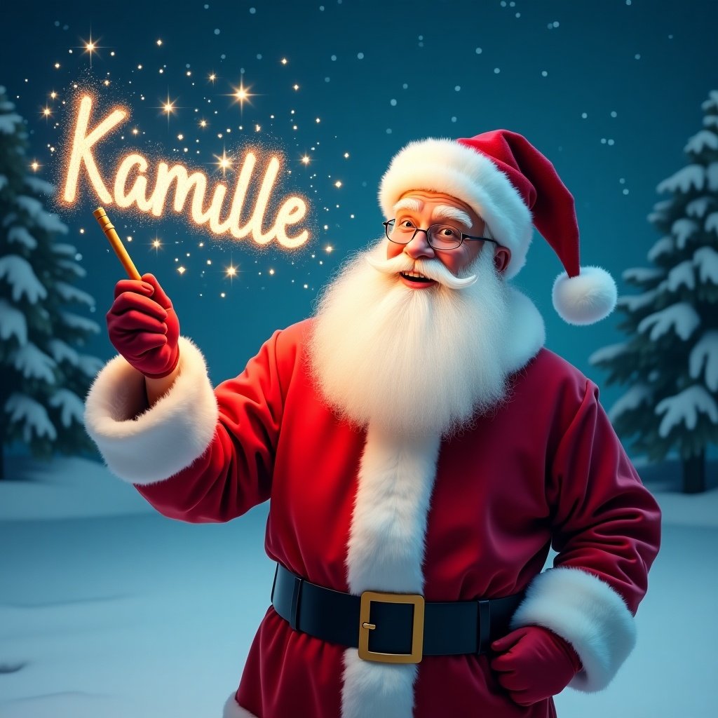 Jolly Santa Claus in snowy landscape. Holding magical wand shining with sparkles. Name Kamille appears in the sky. Classic red suit with white fur trim. Twinkling eyes filled with joy. Behind snowy scene with evergreen trees. Starry night sky. Festive magical atmosphere for holiday season.