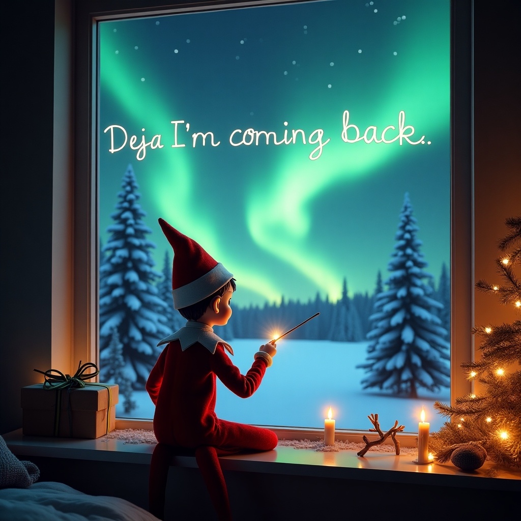 The scene captures a Christmas-themed moment filled with magic and wonder. An elf sits on the windowsill, gazing out into a beautiful winter wonderland. The elf is using a wand to write 'Deja I’m coming back' in the sparkling sky. Outside, the Northern Lights dance above snow-covered trees, creating a mesmerizing backdrop. Inside, the room is cozy and festive with decorations and candles, adding warmth to the atmosphere.