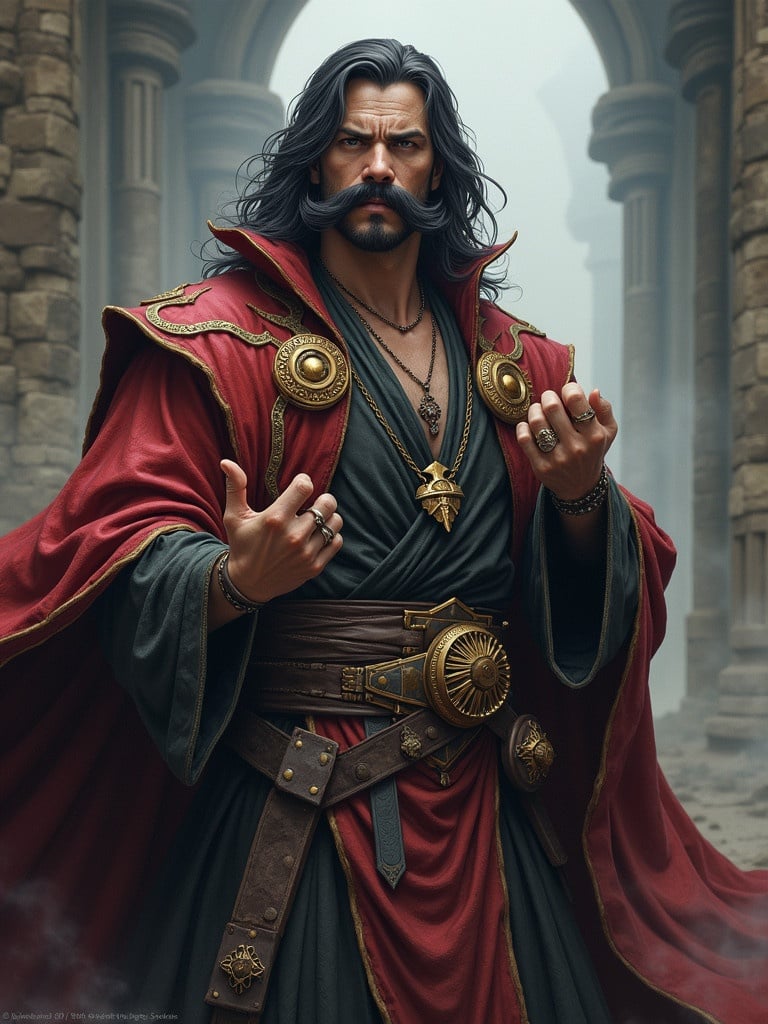 A sorcerer in a red and black robe stands in a stone fortress. He has magical accessories and an air of authority. His posture is commanding and confident. He possesses a legendary mustache indicating his magical prowess. The atmosphere is mystical with soft lighting and stone architecture in the background.