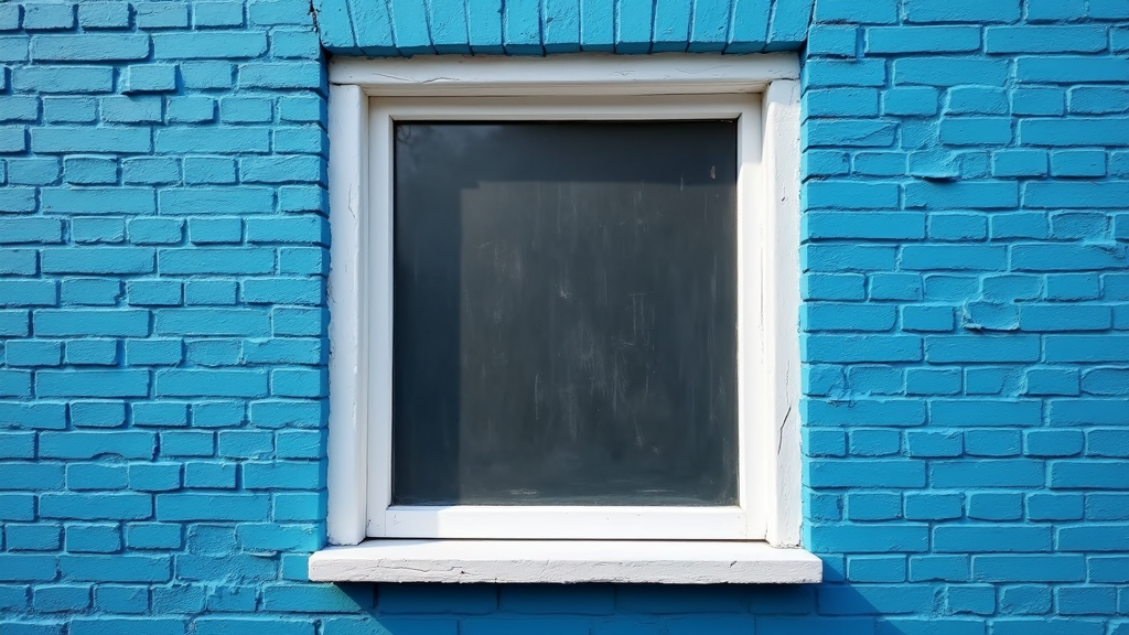 A blue-painted brick wall with a simple, rectangular white-framed window.