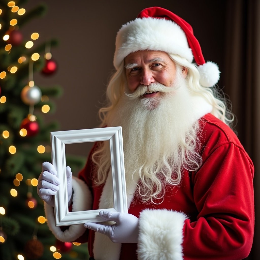 Santa Claus holds a white picture frame. Christmas tree positioned in the background. Christmas setting. Celebratory mood. Iconic holiday character. Festive attire. Warm ambiance.