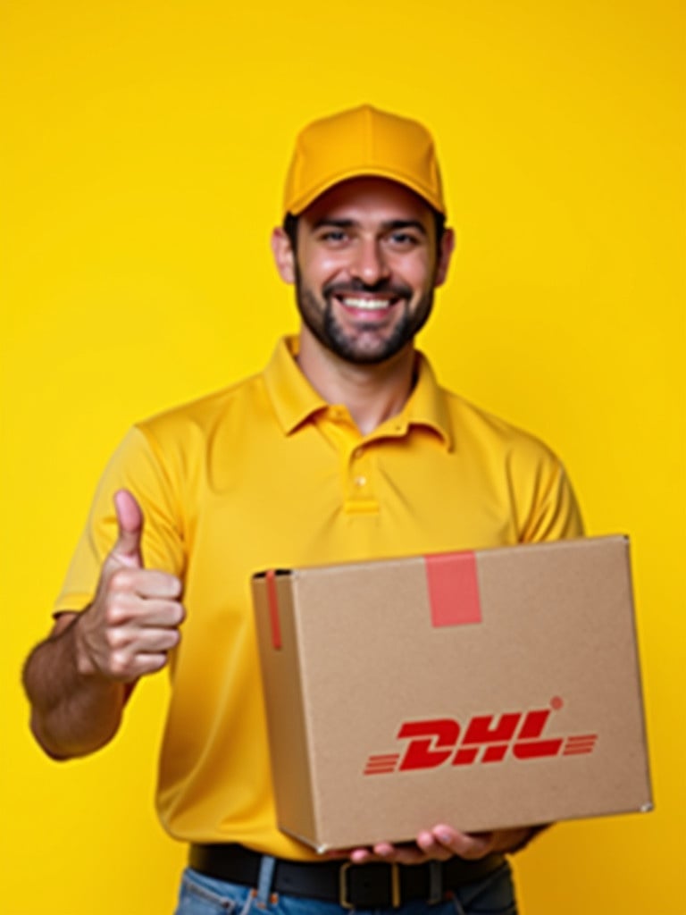 Smiling delivery worker from DHL stands straight. Yellow cap and shirt worn. Delivery box held in one hand. Other hand giving thumbs up. Bright yellow background complements the uniform.