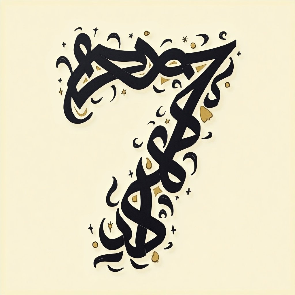 Decorative design featuring number seven. Complex swirls and motifs surround the number. Gold and black colors dominate. Background is a soft cream. Elegance and creativity are highlighted.