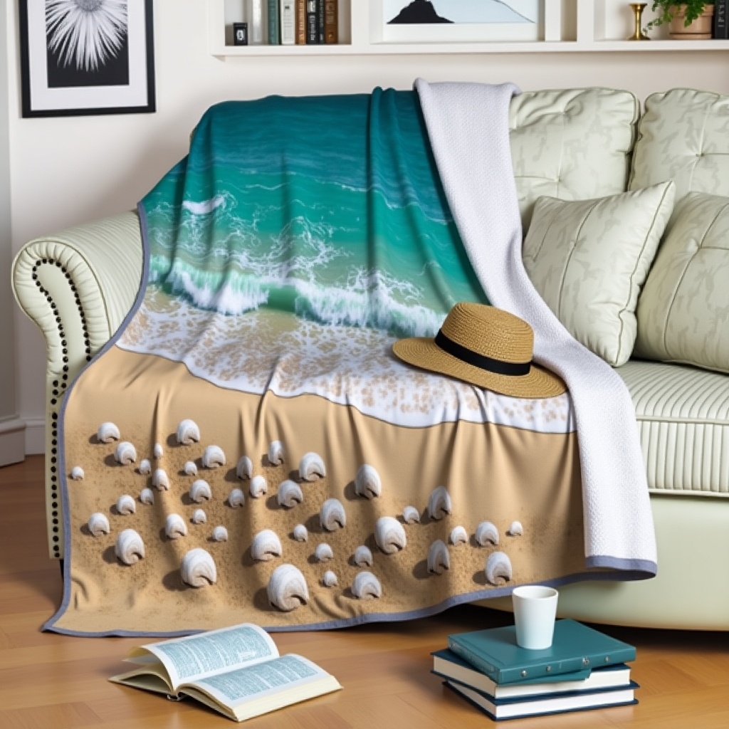 Coastal blanket with waves and sandy beach spread on a couch. Seashells and a beach hat are nearby.